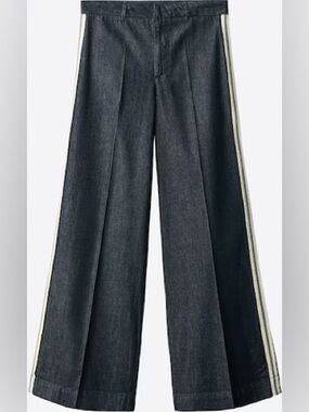 Mango Portland Wide Leg Dark Denim Pants with Side Stripe NWT 4